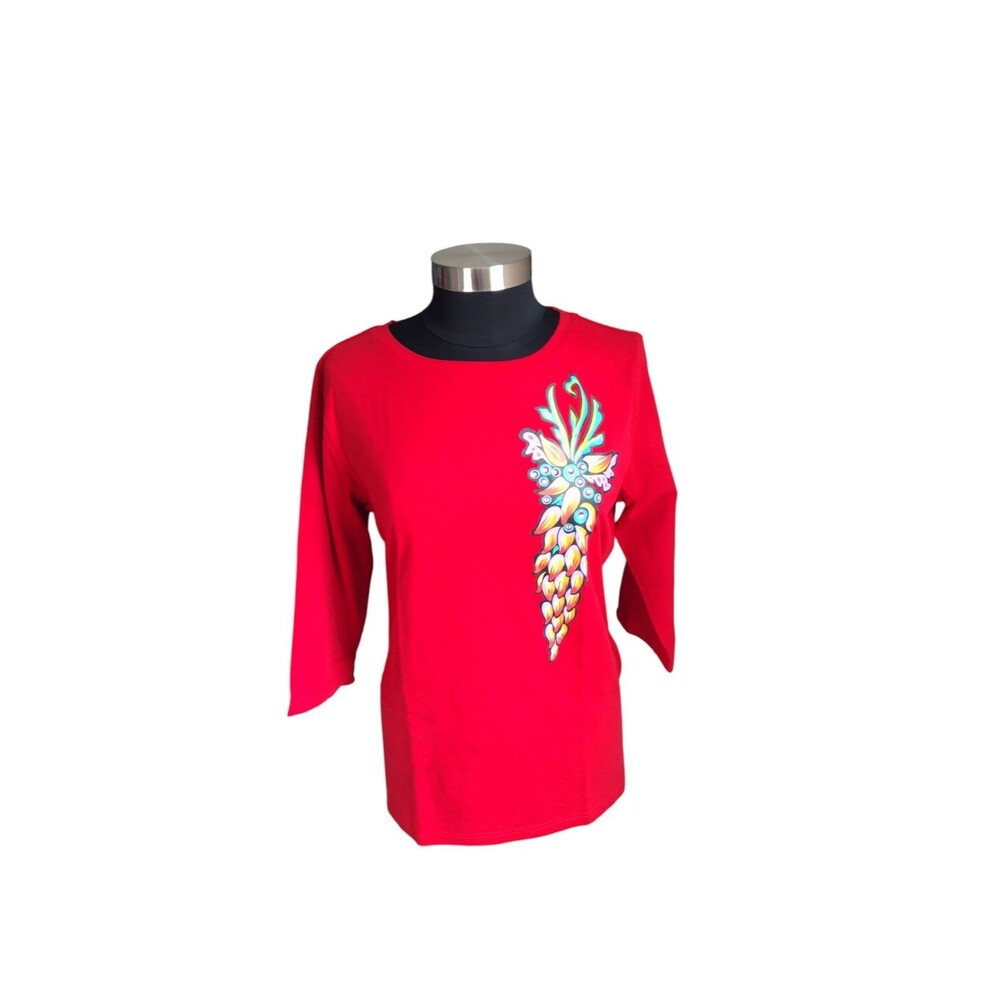 Bob Mackie Top Women's Medium Red Wearable Art Pullover Crewneck Stretch Knit